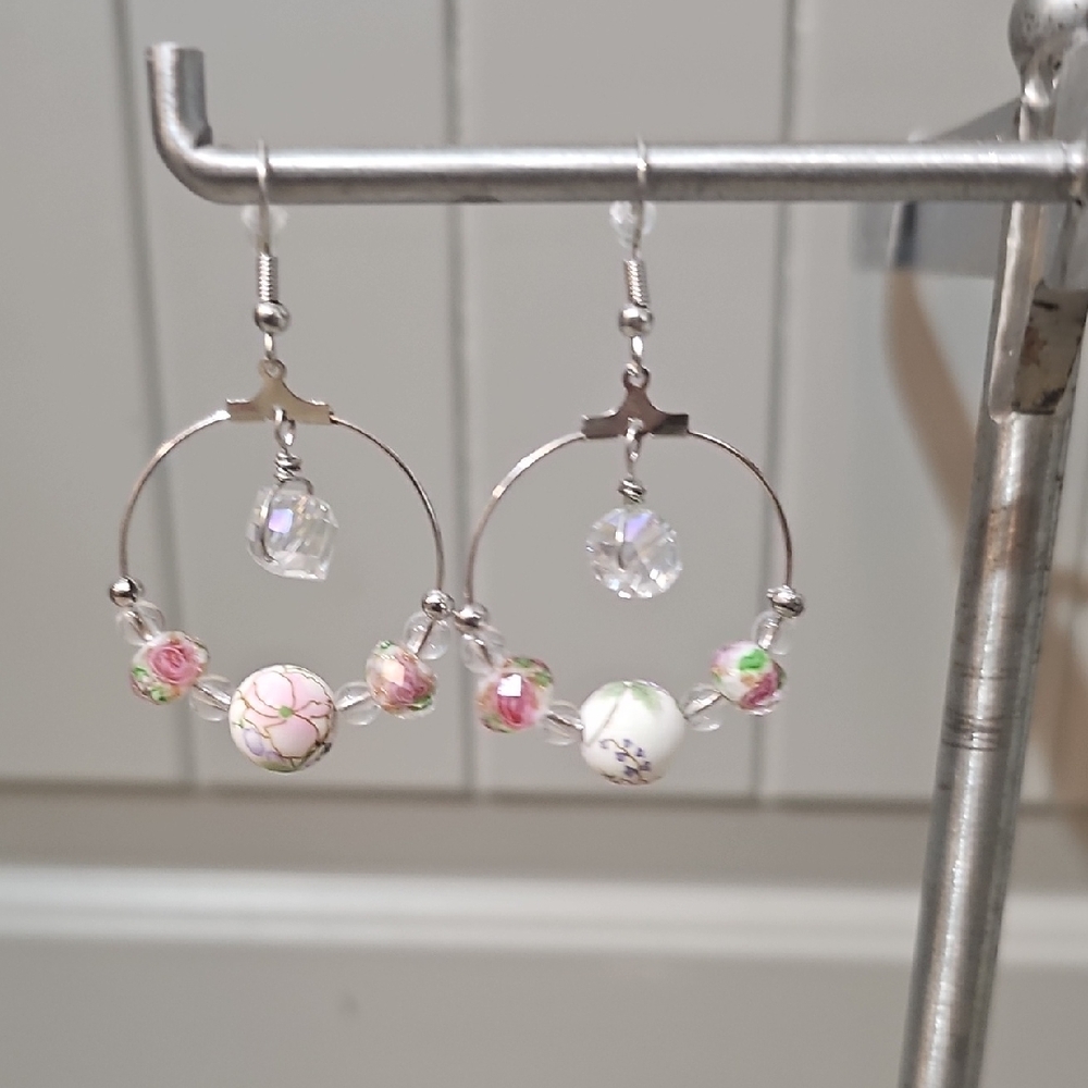 💜2 For $10💜 Handmade Silver Hoop Earrings with Pink Floral Beads